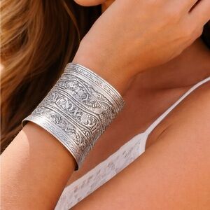 Wide Silver Engraved Cuff Bracelet – Boho Tribal Statement Jewelry